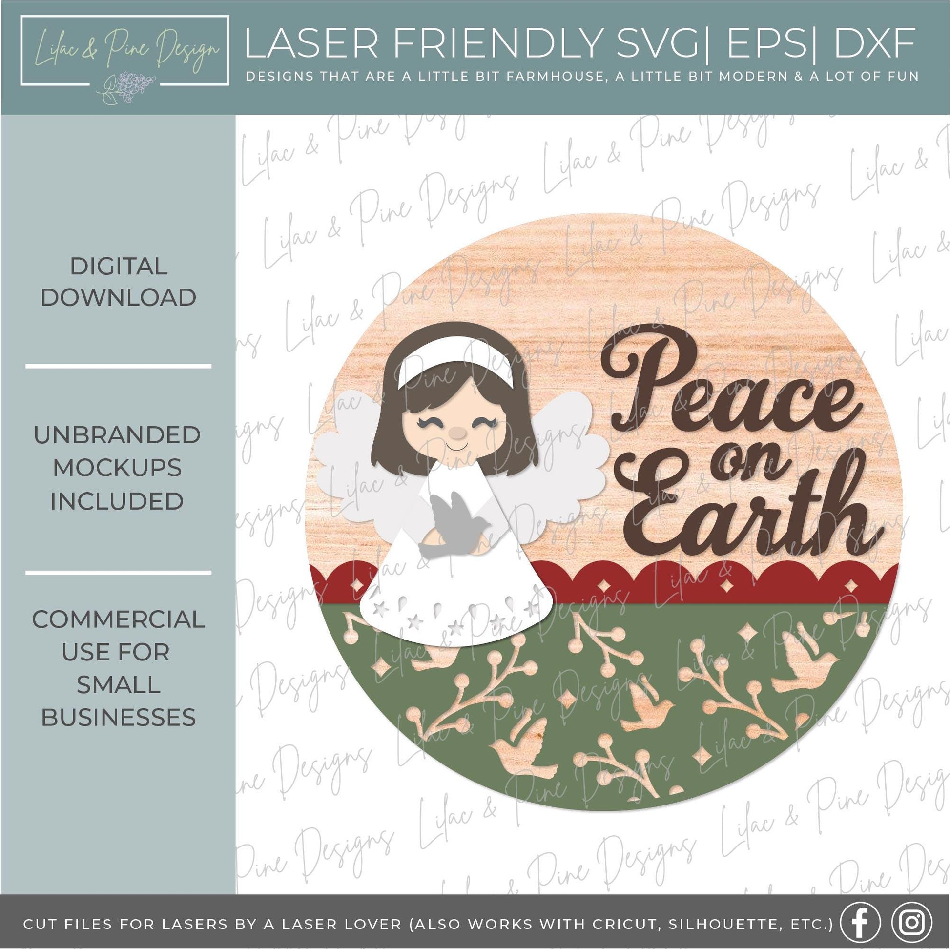 Peace on Earth round sign SVG, Christmas Angel SVG, welcome SVG, Holiday door hanger svg, sign party template, Glowforge Svg, laser cut file