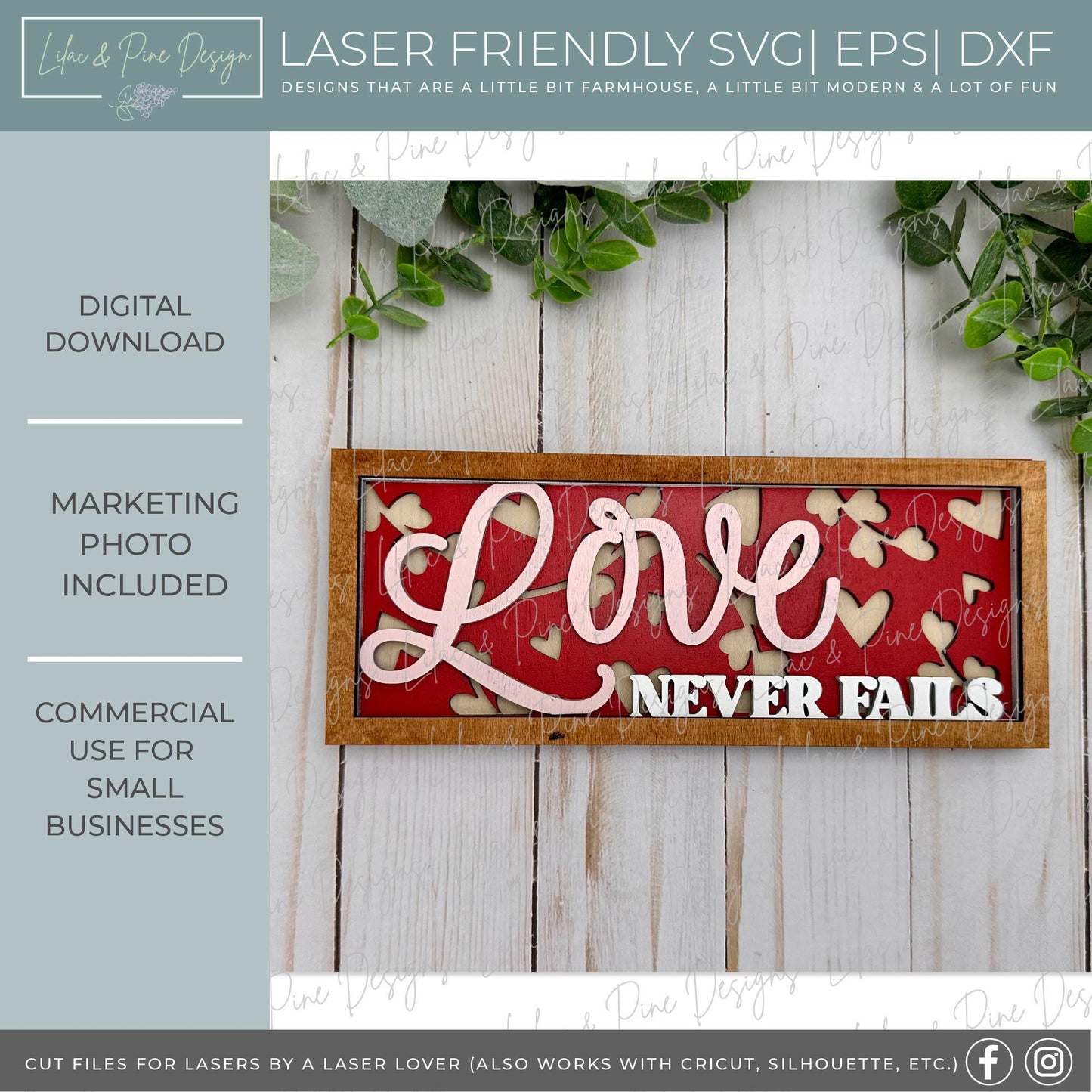 Love Never Fails sign SVG, Valentines Day sign SVG, Valentine decor SVG, wedding decor svg, First Corinthians, Glowforge Svg, laser cut file