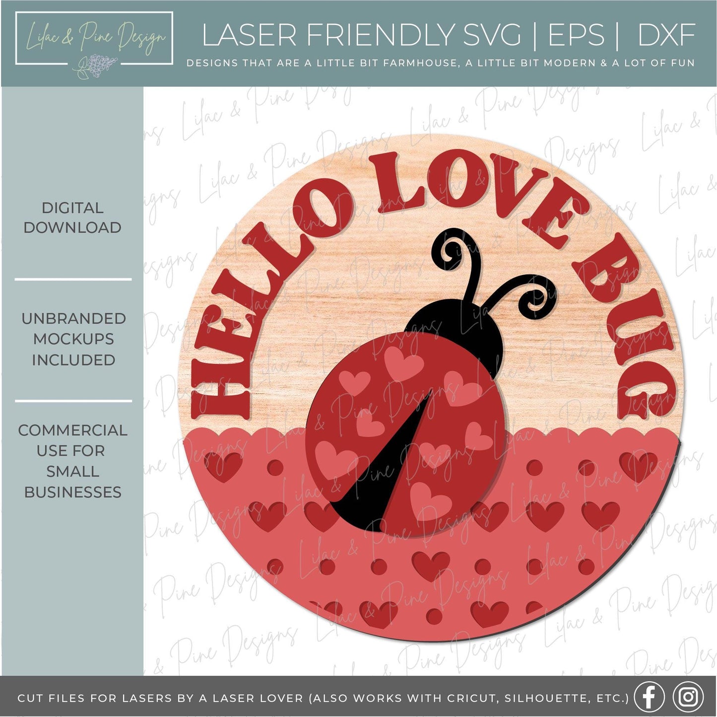 Hello Love Bug SVG, Valentines Day door hanger SVG, Valentine decor svg, ladybug welcome sign, Glowforge Svg, laser cut file, Cricut SVG