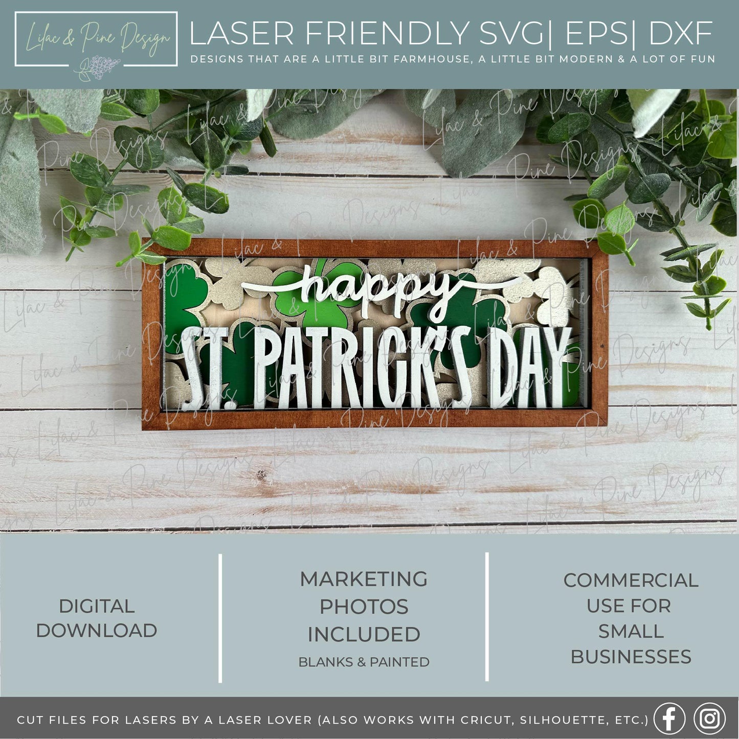 Happy St Patricks Day sign SVG, Shamrock sign SVG, St Paddys Day shelf decor, four leaf clover, sign template, Glowforge Svg, laser cut file