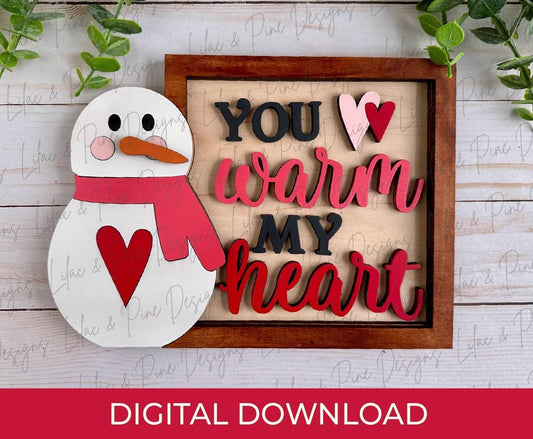 Snowman Valentine sign SVG, Snowman decor, you warm my heart sign SVG, Valentines Day shelf decor, shelf sitter, Glowforge, laser cut file
