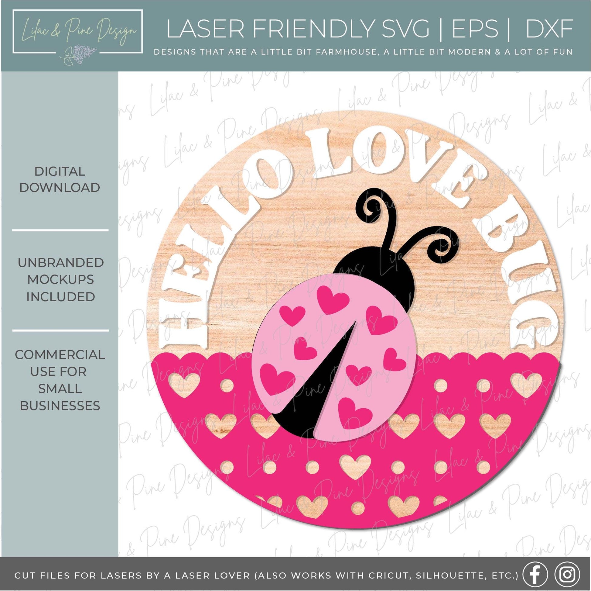 Hello Love Bug SVG, Valentines Day door hanger SVG, Valentine decor svg, ladybug welcome sign, Glowforge Svg, laser cut file, Cricut SVG