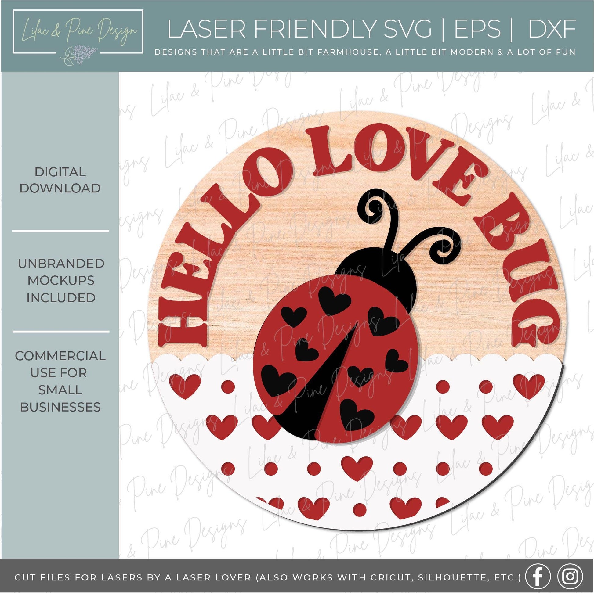 Hello Love Bug SVG, Valentines Day door hanger SVG, Valentine decor svg, ladybug welcome sign, Glowforge Svg, laser cut file, Cricut SVG