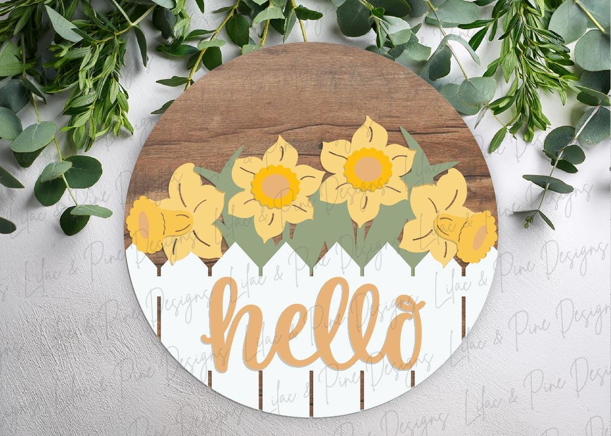 Hello Spring door hanger, daffodil welcome sign svg, floral spring decor, spring flower SVG, Glowforge SVG, laser cut file, Cricut SVG