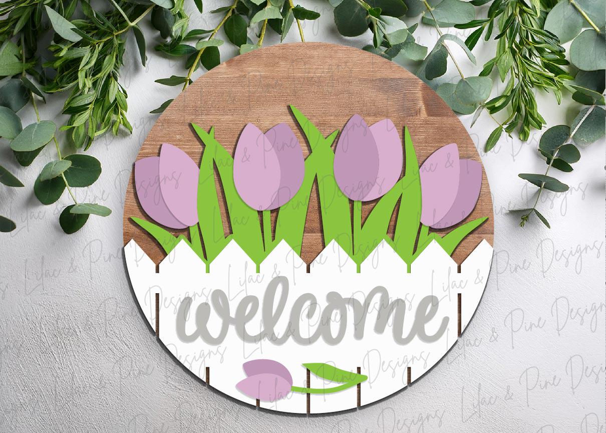 tulip door hanger SVG, spring floral welcome sign SVG, spring flower round sign, Glowforge Svg, laser cut file, Cricut SVG, digital download