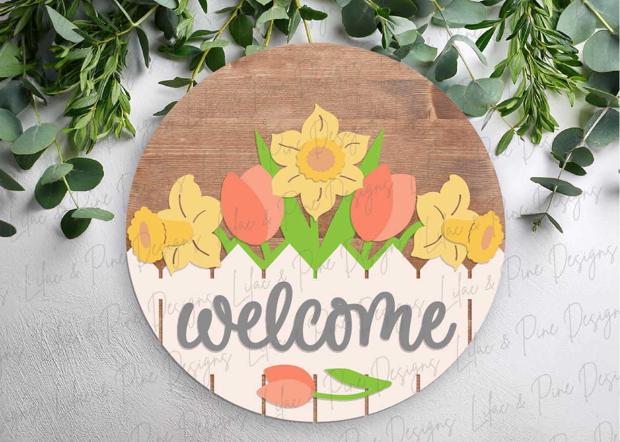 tulip and daffodil door hanger SVG, spring floral welcome sign SVG, spring flower round sign, Glowforge Svg, laser cut file, Cricut SVG