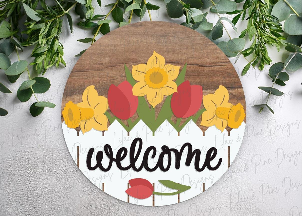 tulip and daffodil door hanger SVG, spring floral welcome sign SVG, spring flower round sign, Glowforge Svg, laser cut file, Cricut SVG