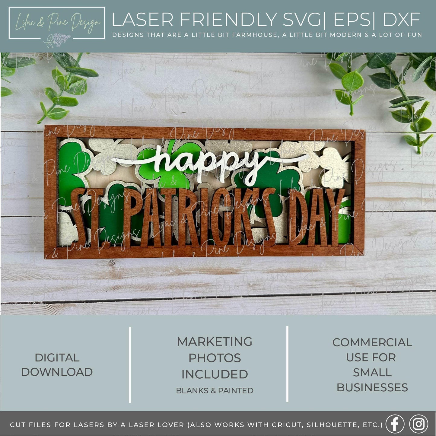 Happy St Patricks Day sign SVG, Shamrock sign SVG, St Paddys Day shelf decor, four leaf clover, sign template, Glowforge Svg, laser cut file