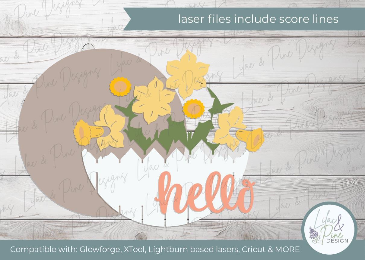 Hello Spring door hanger, daffodil welcome sign svg, floral spring decor, spring flower SVG, Glowforge SVG, laser cut file, Cricut SVG