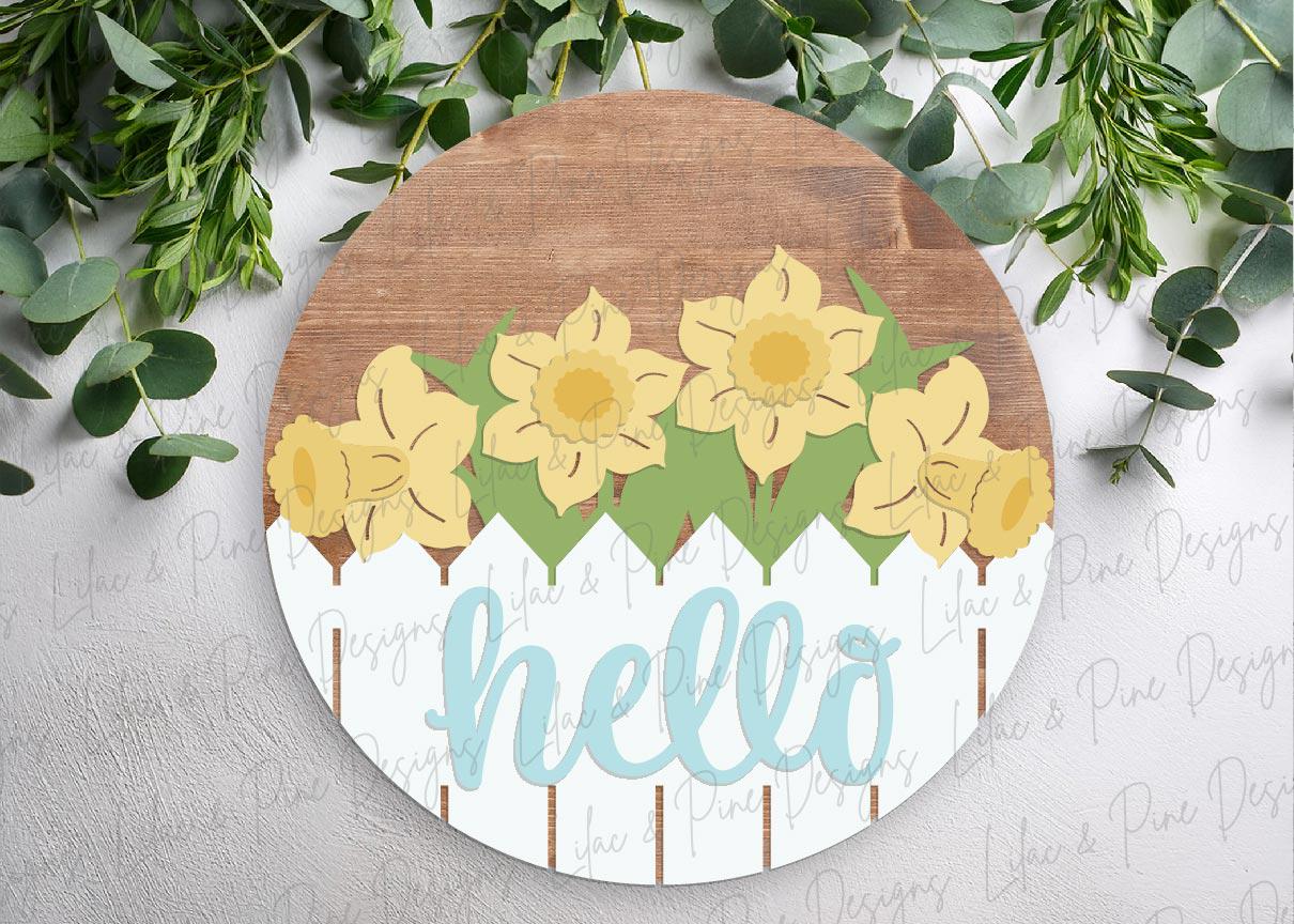 Hello Spring door hanger, daffodil welcome sign svg, floral spring decor, spring flower SVG, Glowforge SVG, laser cut file, Cricut SVG