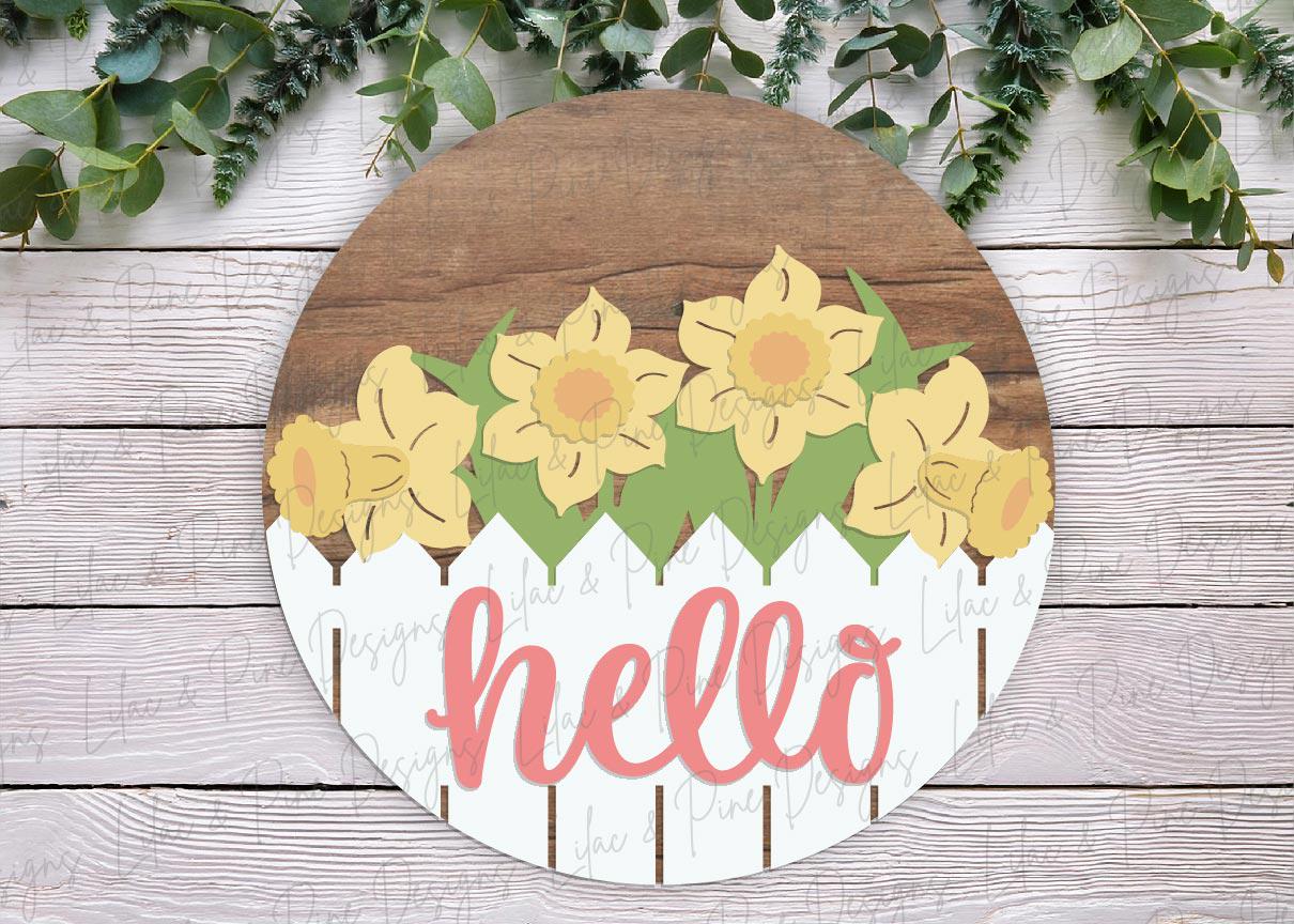 Hello Spring door hanger, daffodil welcome sign svg, floral spring decor, spring flower SVG, Glowforge SVG, laser cut file, Cricut SVG