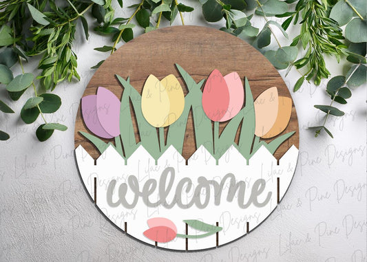 tulip door hanger SVG, spring floral welcome sign SVG, spring flower round sign, Glowforge Svg, laser cut file, Cricut SVG, digital download