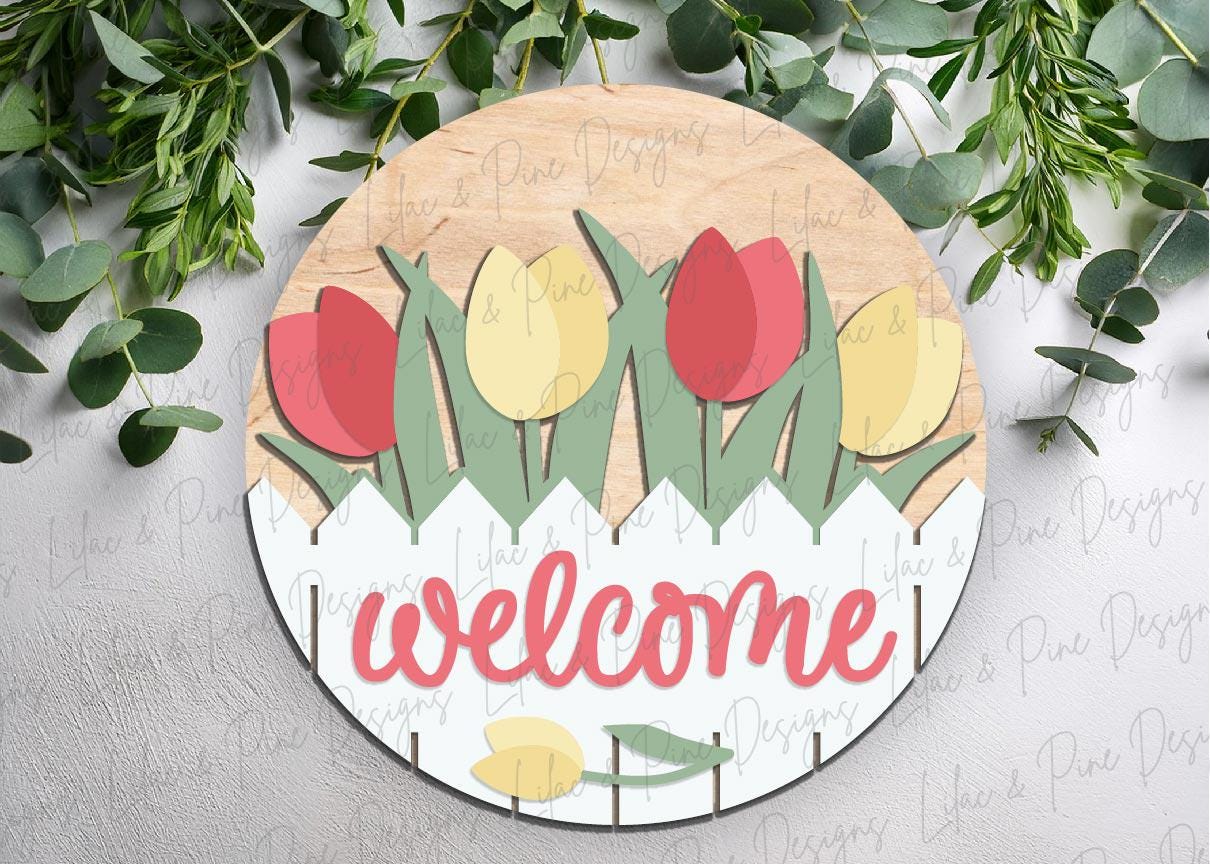 tulip door hanger SVG, spring floral welcome sign SVG, spring flower round sign, Glowforge Svg, laser cut file, Cricut SVG, digital download