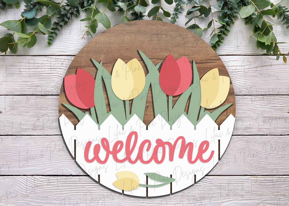 tulip door hanger SVG, spring floral welcome sign SVG, spring flower round sign, Glowforge Svg, laser cut file, Cricut SVG, digital download