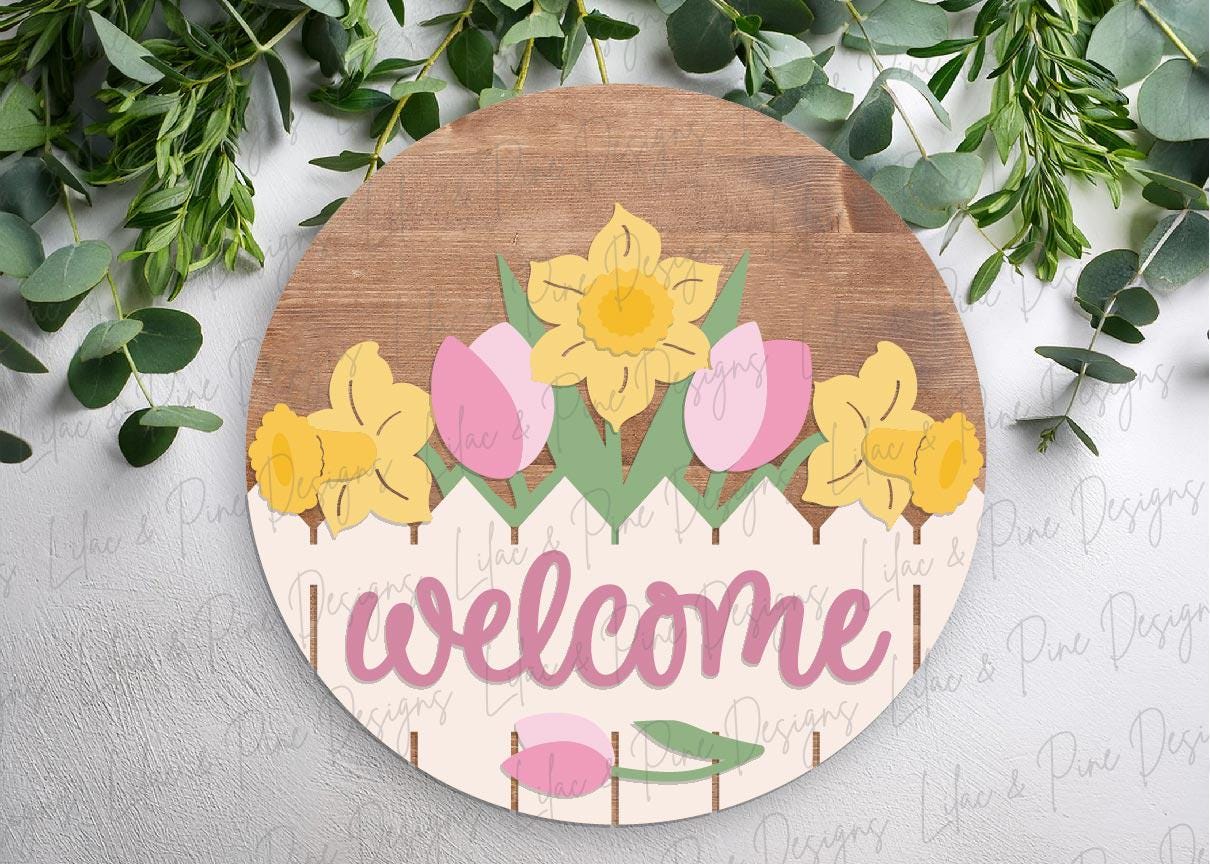 tulip and daffodil door hanger SVG, spring floral welcome sign SVG, spring flower round sign, Glowforge Svg, laser cut file, Cricut SVG