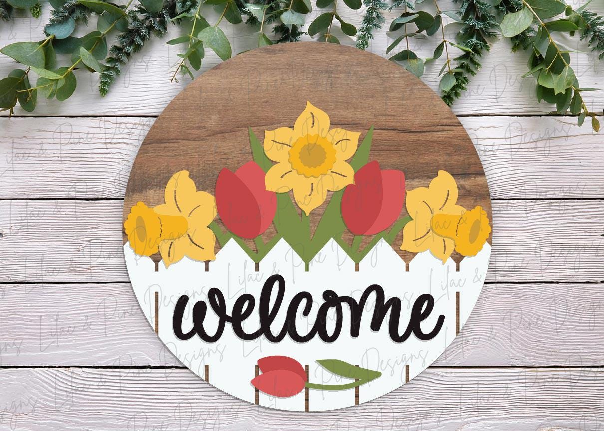 tulip and daffodil door hanger SVG, spring floral welcome sign SVG, spring flower round sign, Glowforge Svg, laser cut file, Cricut SVG