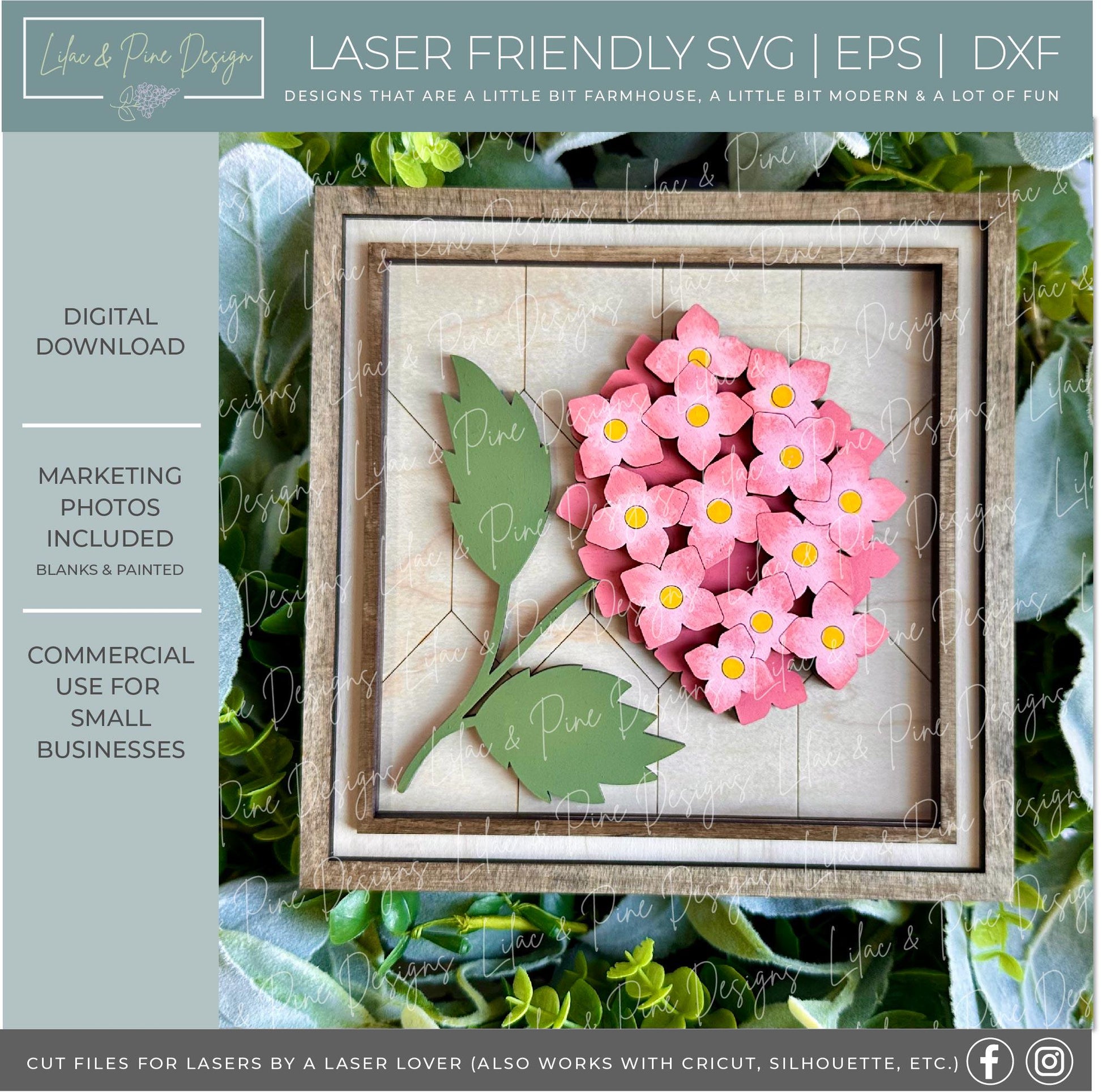 floral sign bundle SVG, hydrangea sign, peony svg, lilac decor, Glowforge SVG, summer flowers, laser cut file, square sign, digital download