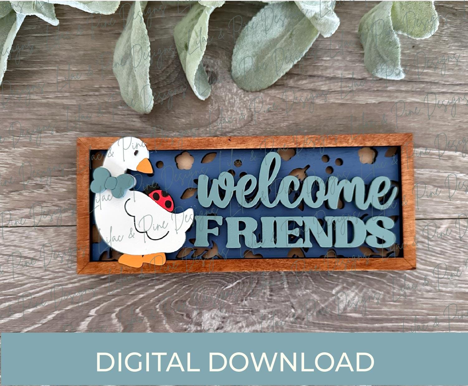 Goose and ladybug sign SVG, welcome friends mini sign SVG, goose shelf sitter sign, digital download, Glowforge Svg, laser cut file,