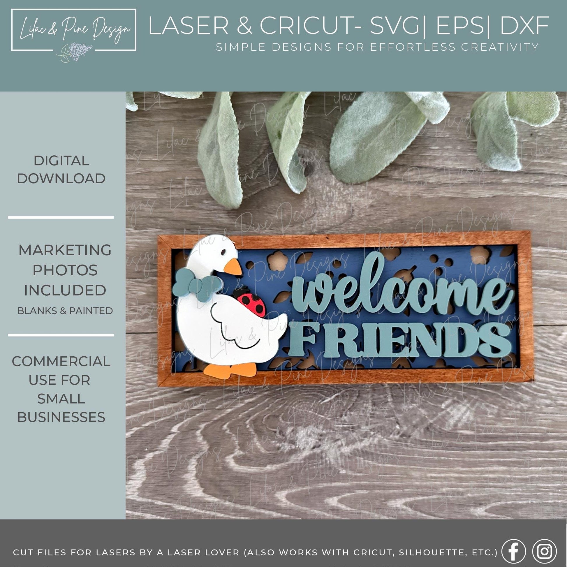 Goose and ladybug sign SVG, welcome friends mini sign SVG, goose shelf sitter sign, digital download, Glowforge Svg, laser cut file,