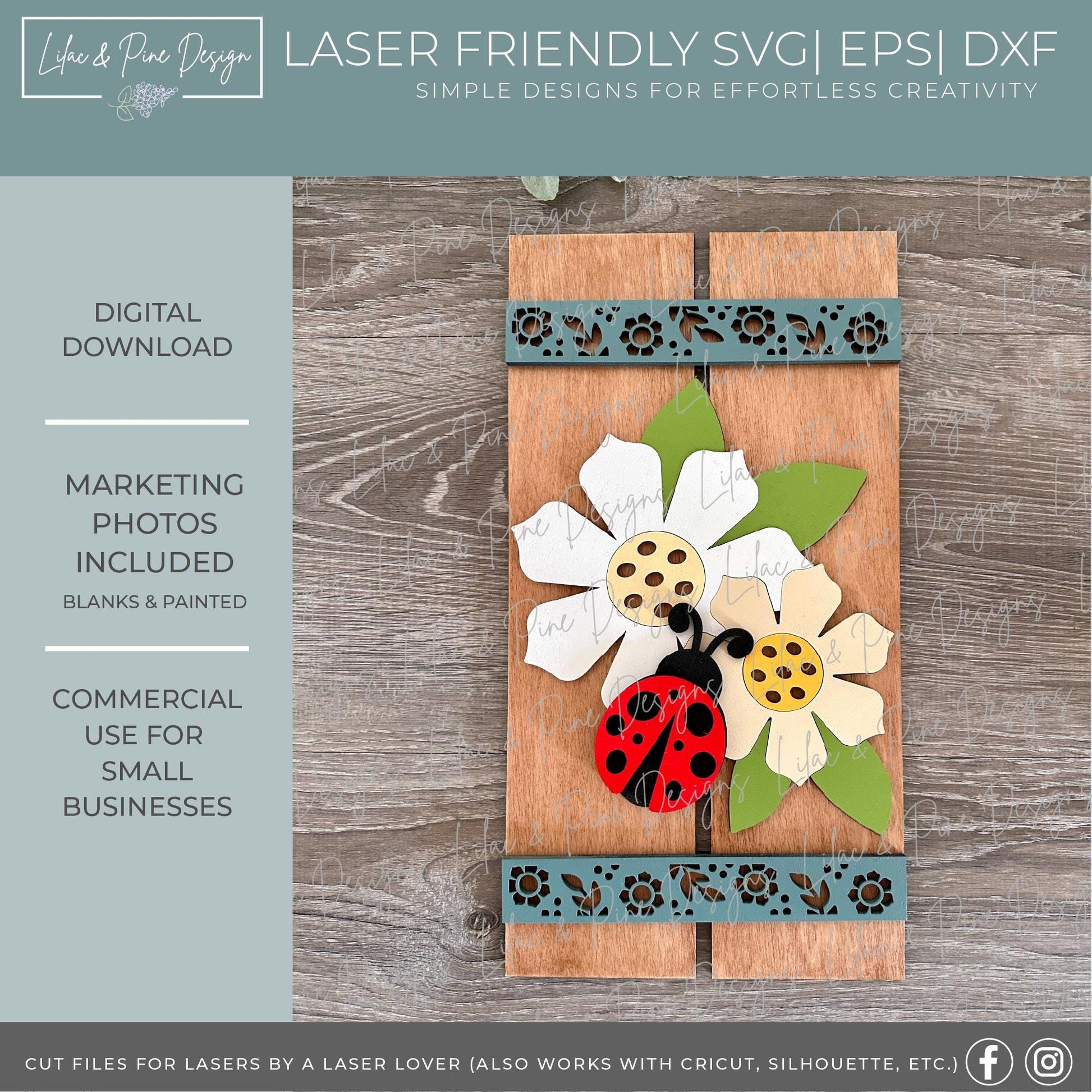 Ladybug and flower sign SVG, summer plank sign, ladybug shelf sitter SVG, pallet sign SVG, Glowforge Svg, laser cut file, digital download