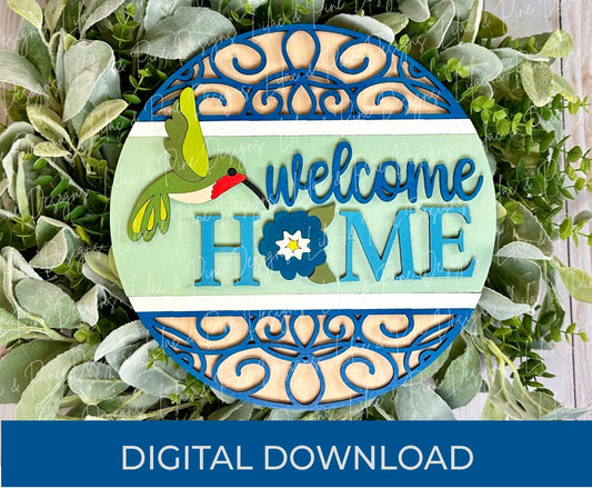 hummingbird door hanger SVG, welcome home SVG, summer bird sign svg, floral svg, Glowforge Svg, laser cut file, Cricut SVG, digital download