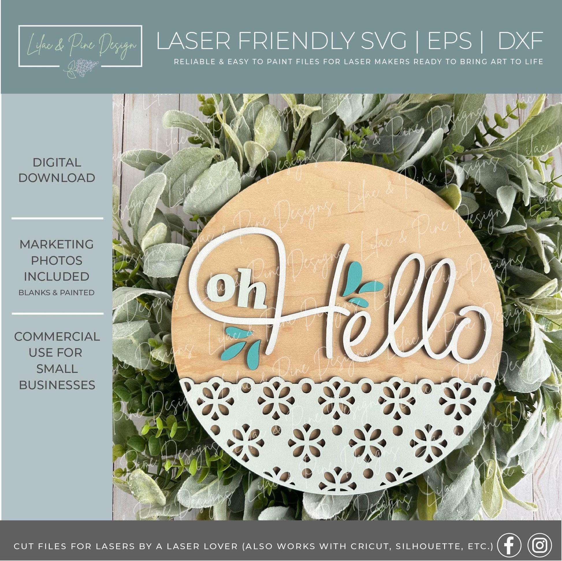 oh Hello door hanger SVG, welcome round sign, floral everyday porch decor SVG, Glowforge Svg, laser cut file, Cricut SVG, digital download