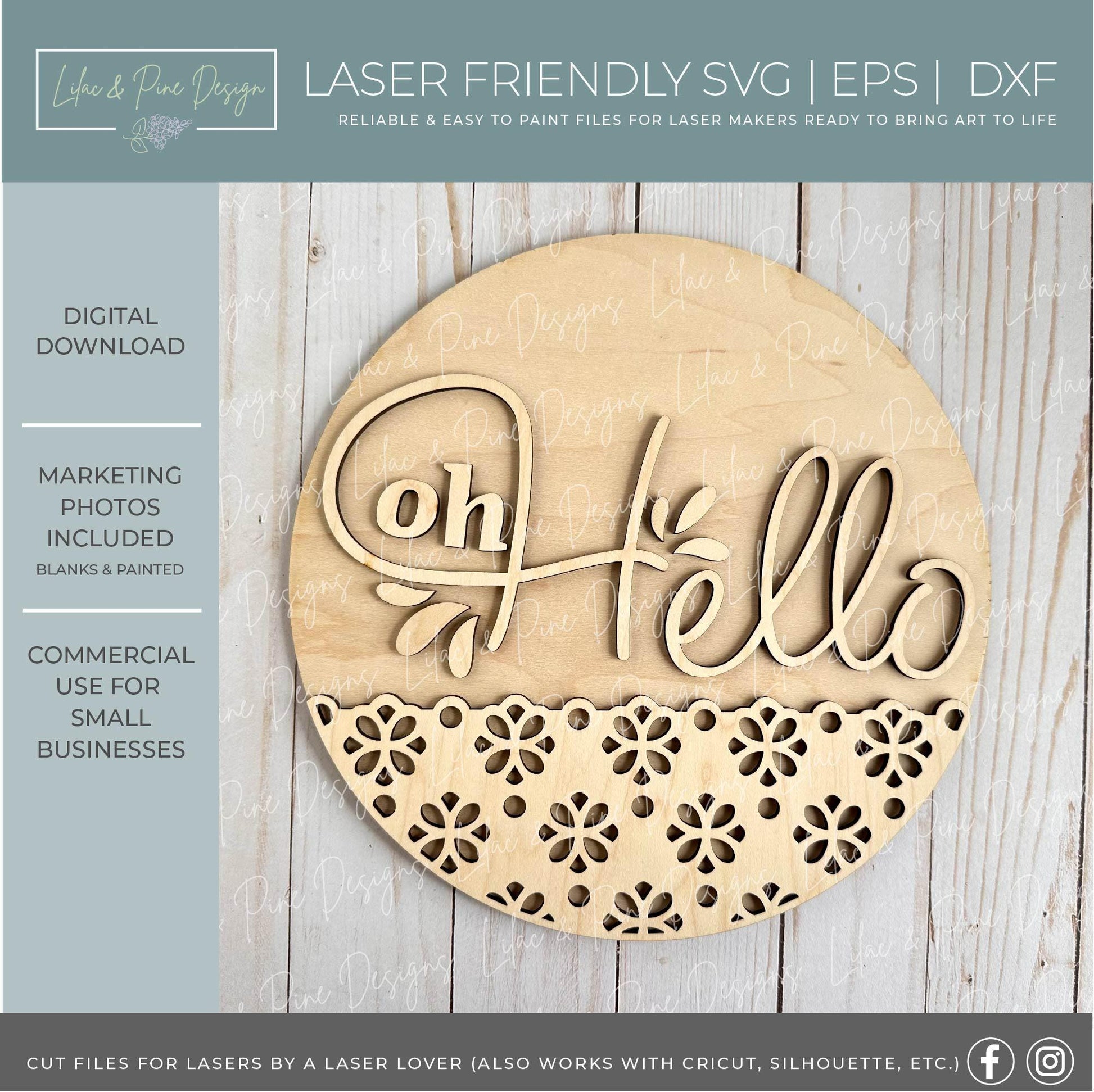 oh Hello door hanger SVG, welcome round sign, floral everyday porch decor SVG, Glowforge Svg, laser cut file, Cricut SVG, digital download