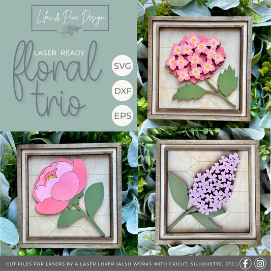 floral sign bundle SVG, hydrangea sign, peony svg, lilac decor, Glowforge SVG, summer flowers, laser cut file, square sign, digital download
