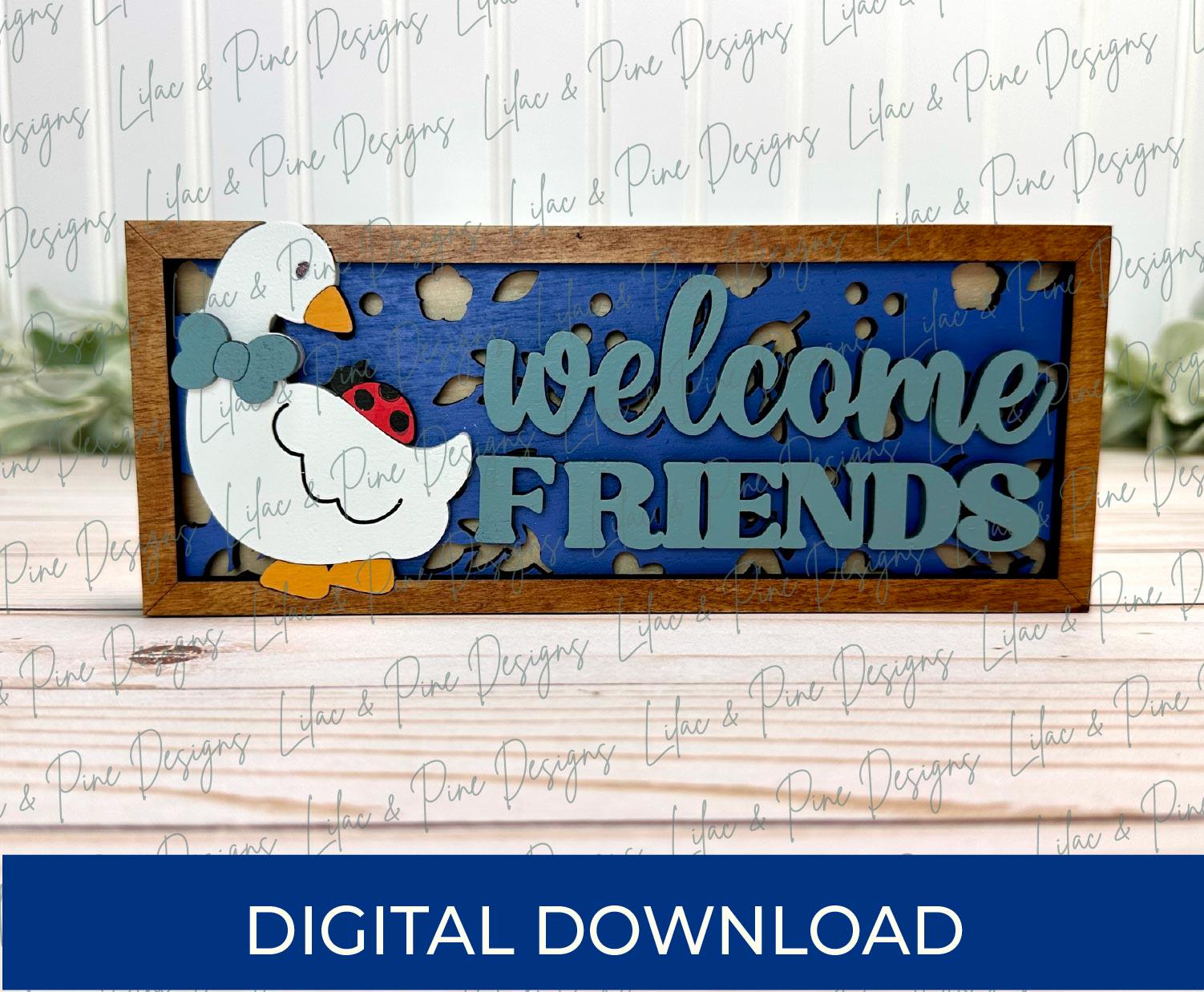 Goose and ladybug sign SVG, welcome friends mini sign SVG, goose shelf sitter sign, digital download, Glowforge Svg, laser cut file,