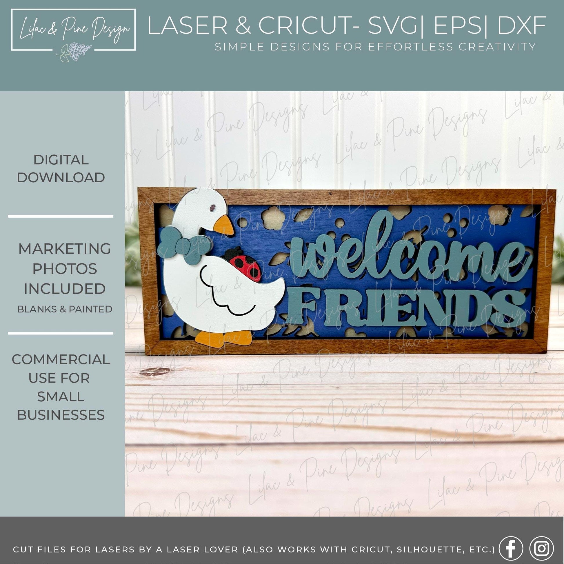 Goose and ladybug sign SVG, welcome friends mini sign SVG, goose shelf sitter sign, digital download, Glowforge Svg, laser cut file,