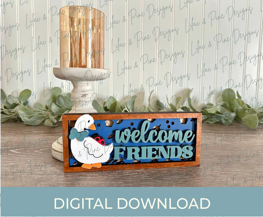 Goose and ladybug sign SVG, welcome friends mini sign SVG, goose shelf sitter sign, digital download, Glowforge Svg, laser cut file,