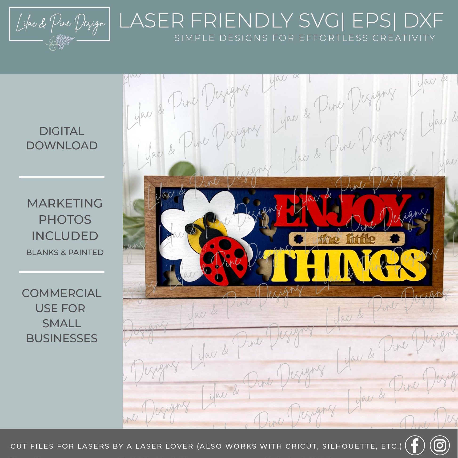 Ladybug and daisy sign SVG, summer mini sign, ladybug shelf sitter SVG, enjoy the little things SVG, Glowforge Svg, laser cut file
