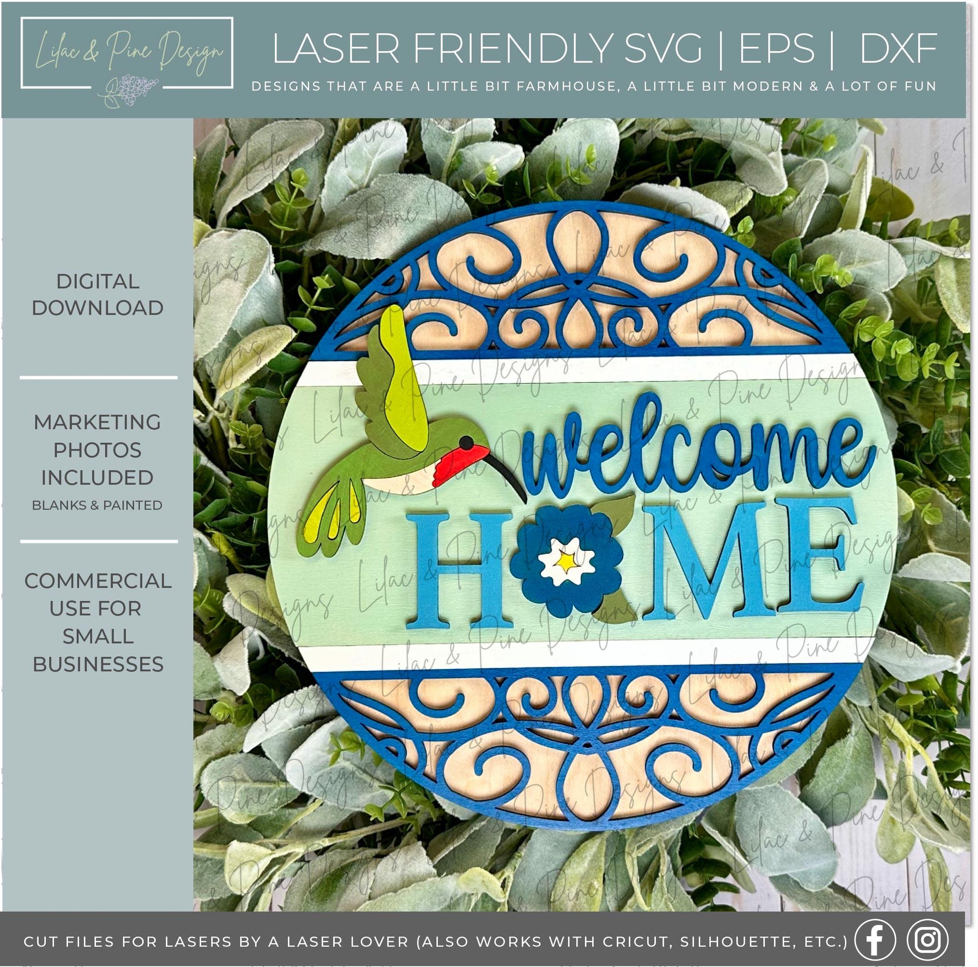 hummingbird door hanger SVG, welcome home SVG, summer bird sign svg, floral svg, Glowforge Svg, laser cut file, Cricut SVG, digital download