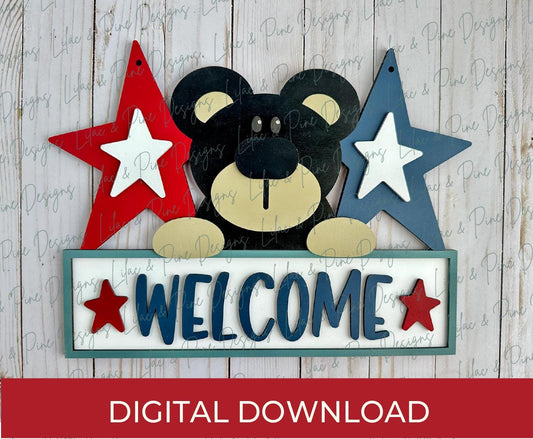 4th of July welcome sign SVG, patriotic bear sign svg, folk art style Independence Day sign SVG, door hanger SVG, Glowforge, laser cut file