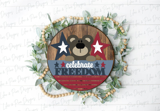 4th of July welcome sign, patriotic bear SVG, folk art, celebrate freedom SVG, Independence Day door hanger SVG, Glowforge, laser cut file