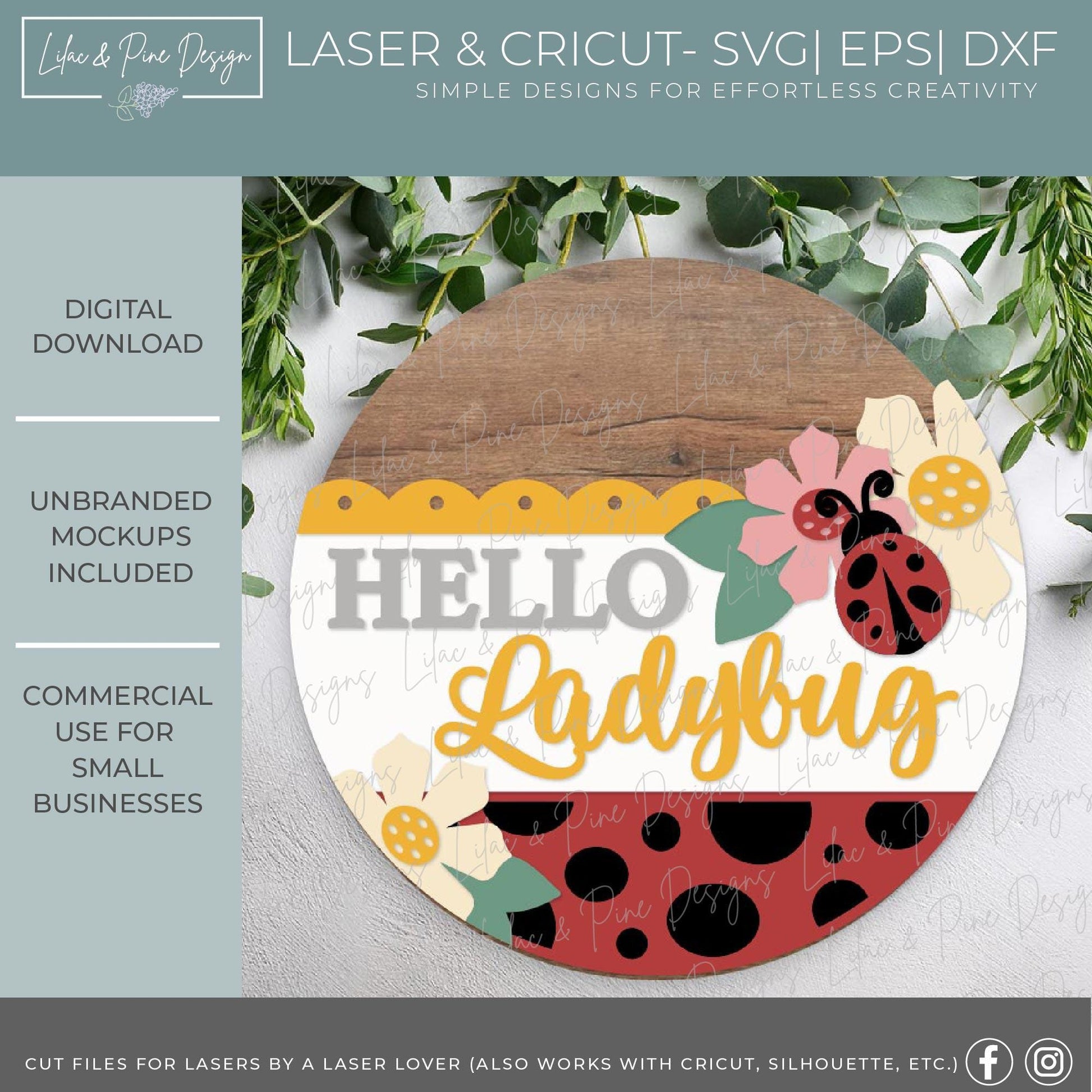 hello ladybug door hanger SVG, summer welcome sign SVG, garden round sign, ladybug and daisy sign, Glowforge Svg, laser cut file, Cricut SVG