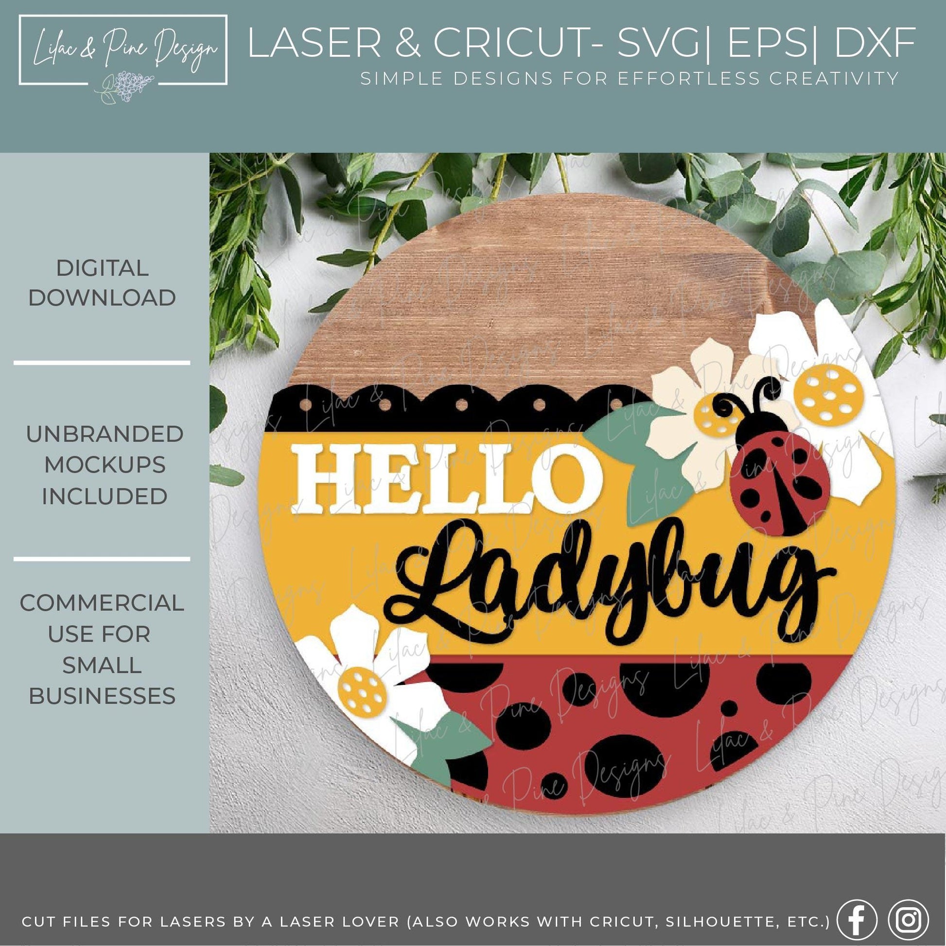 hello ladybug door hanger SVG, summer welcome sign SVG, garden round sign, ladybug and daisy sign, Glowforge Svg, laser cut file, Cricut SVG