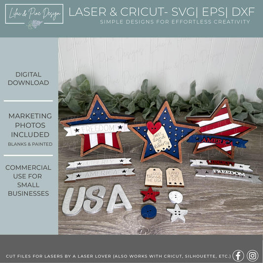 Mix & Match Chunky Star Shelf Sitter Bundle SVG - 4th of July Laser Ready Cut Files - Patriotic DIY Decor Bundle - Independence Day project