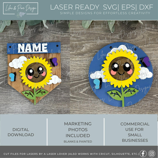Cute Sunflower Kids craft SVG - banner style name sign - summer project for children - digital download - laser cut file - Glowforge SVG