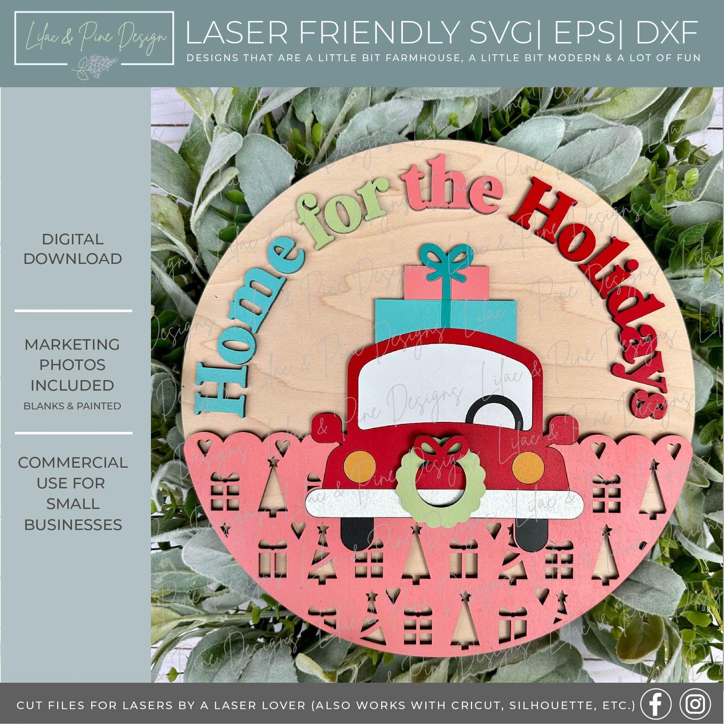 Home for the Holidays round sign SVG - Home for Christmas door hanger SVG - Christmas car welcome sign SVG - laser cut file - Cricut svg