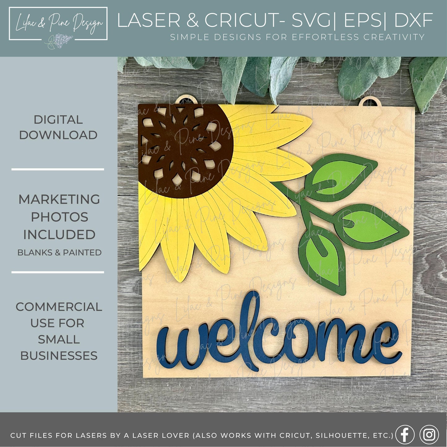 Sunflower Welcome sign - Square Door Hanger SVG - summer sign for front door - fall floral porch decor - Laser Cut Files - Glowforge SVG