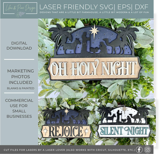 Oh holy Night Nativity scene sign SVG - Religious Christmas decor - Silent Night SVG - baby Jesus in manger SVG - laser cut file
