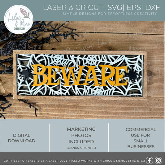 Beware Spiderweb Sign SVG - Halloween shelf sitter - Layered spooky mini sign SVG - creepy spider decor - laser cut files - digital download