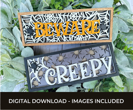 Halloween mini sign bundle SVG - Halloween shelf sitter - Beware spiderweb SVG - Creepy Spider sign - spooky SVG - laser cut files