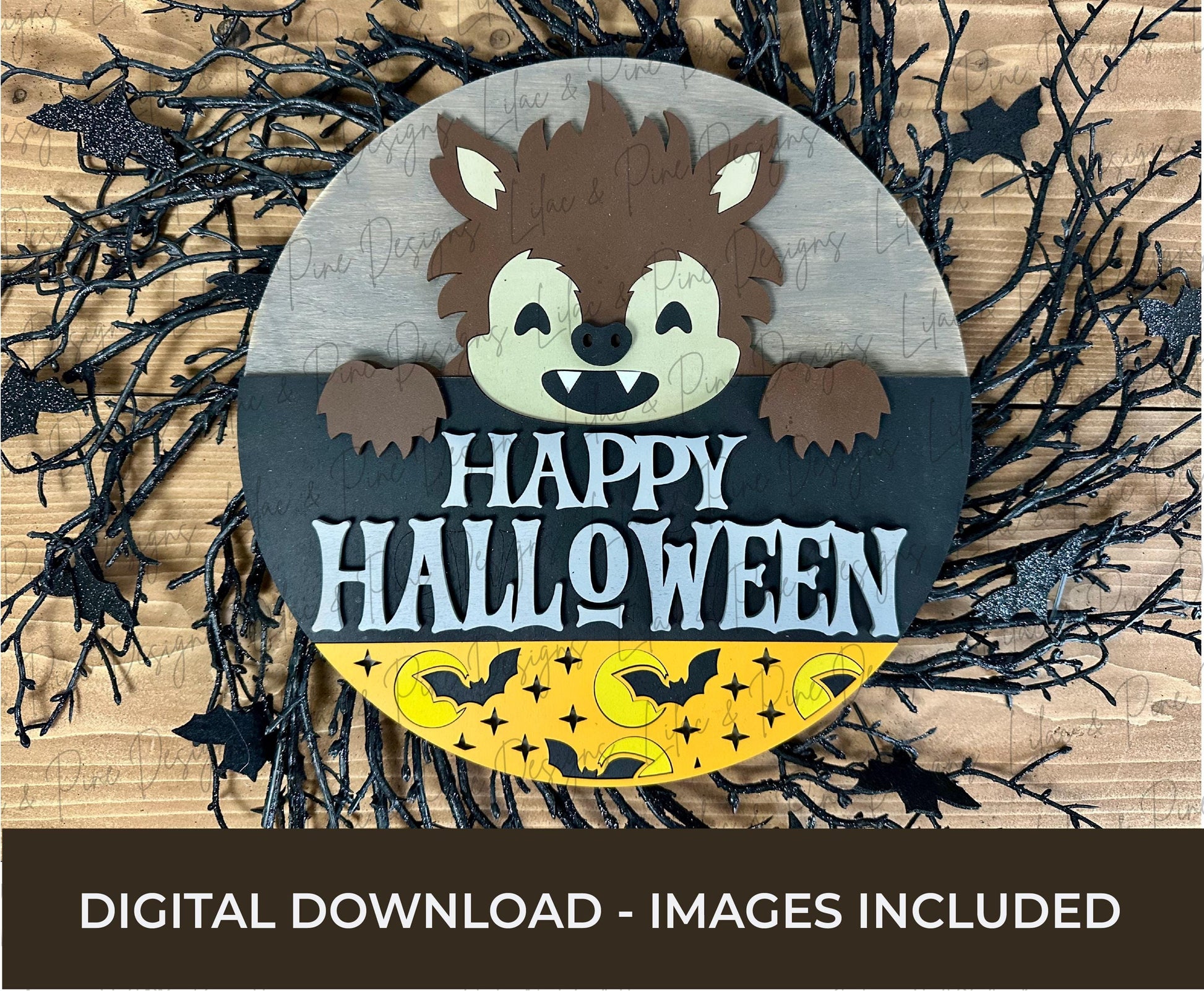 Cute Werewolf door hanger SVG - Happy Halloween door hanger - Happy Howl o ween SVG - bat patterned welcome sign - laser cut files - Cricut