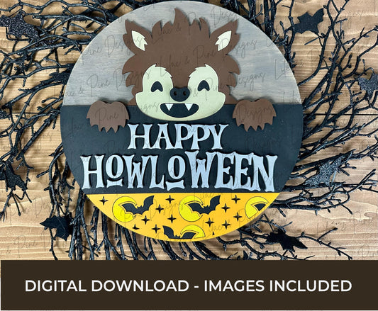 Cute Werewolf door hanger SVG - Happy Halloween door hanger - Happy Howl o ween SVG - bat patterned welcome sign - laser cut files - Cricut