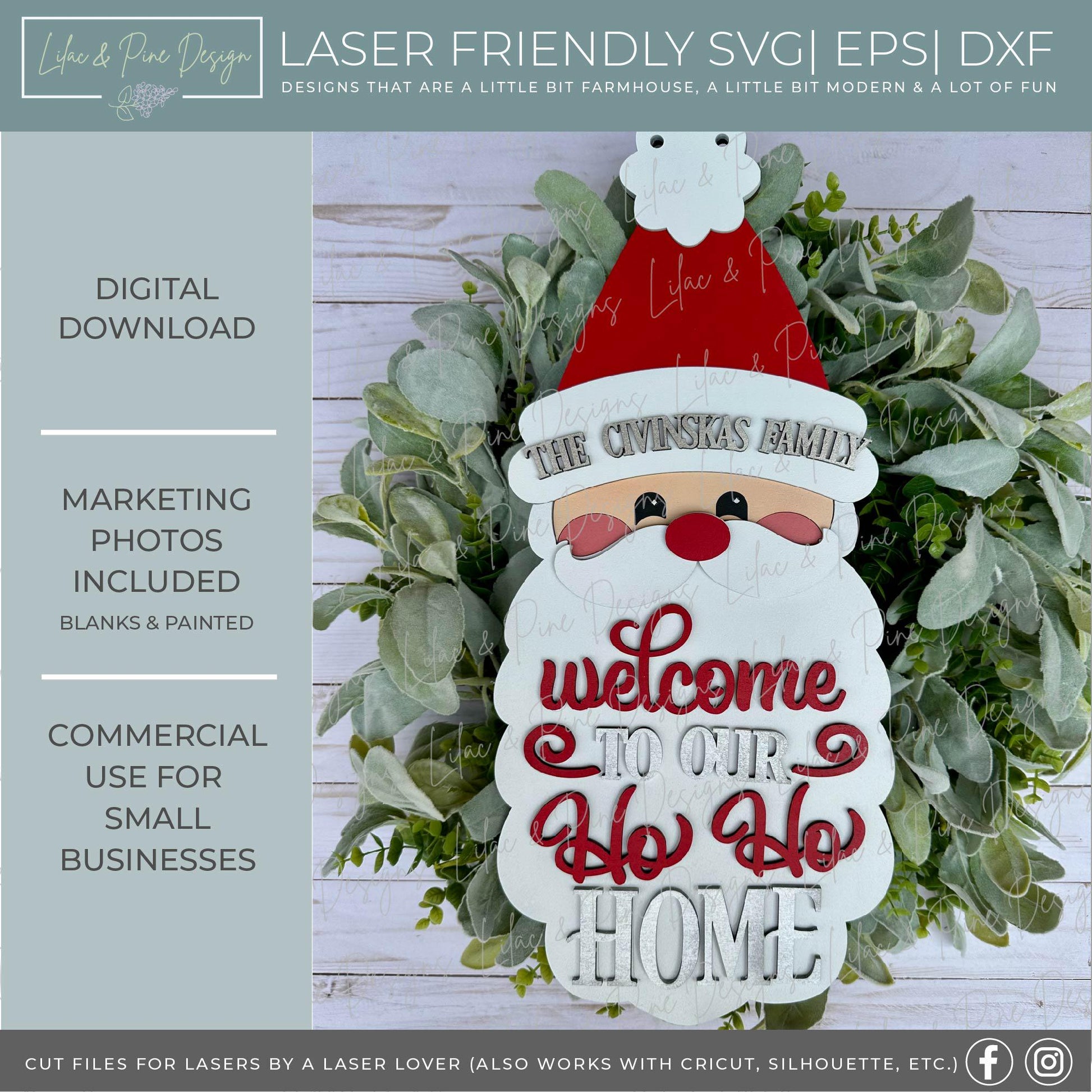 Cute Santa Claus Door Hanger SVG - Welcome to Our Ho Ho Home Sign - Laser Ready Christmas SVG - Layered Holiday SVG File - digital download