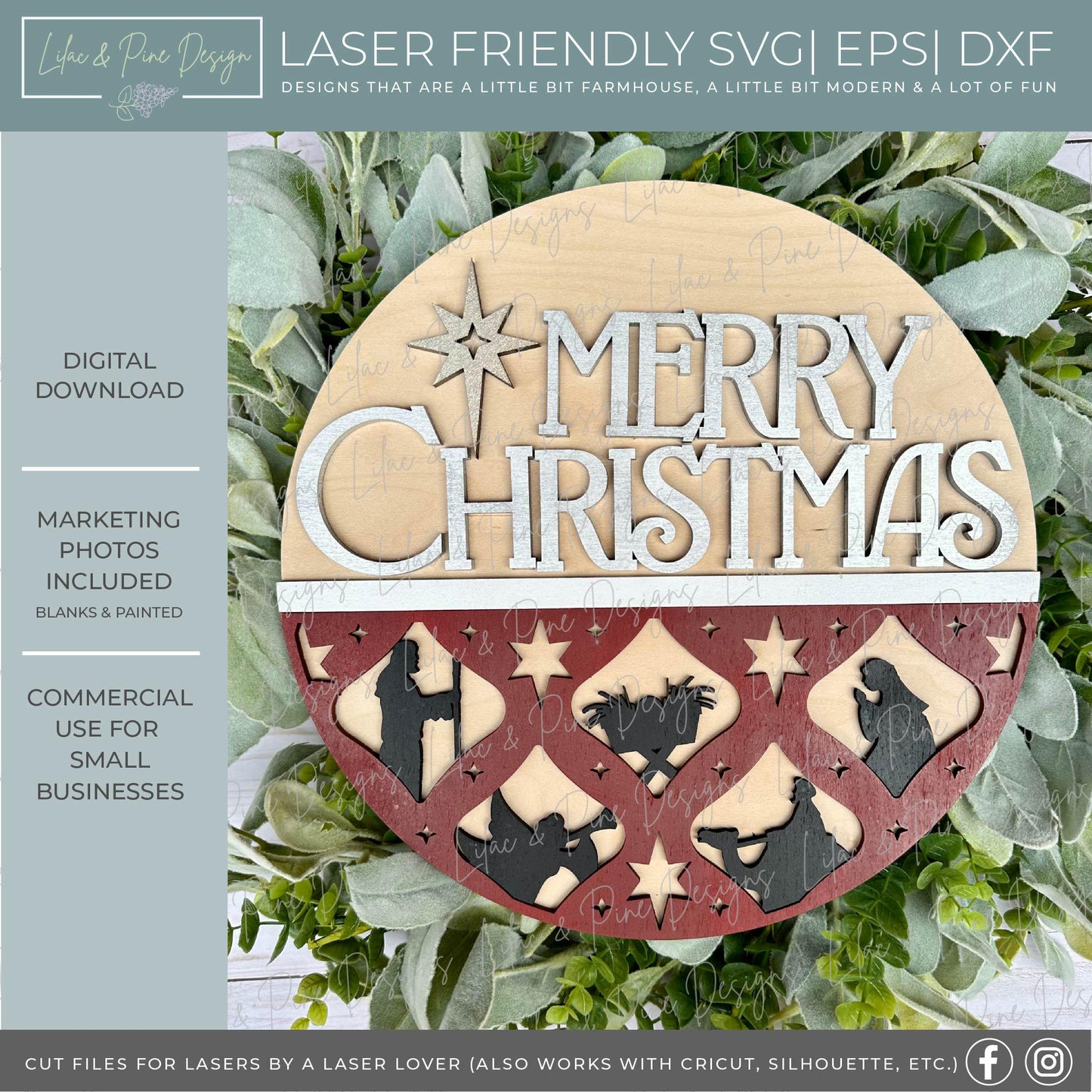 Elegant Christmas Nativity door hanger SVG - Religious welcome sign - baby Jesus in manger - Cricut SVG - Merry Christmas laser cut file