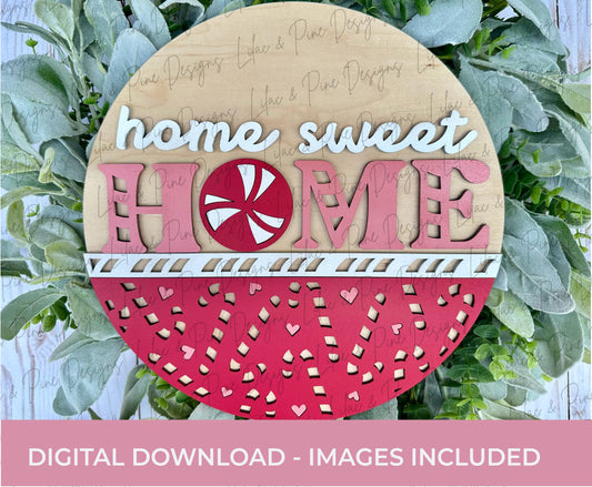 Cute Candy Cane Door Hanger SVG - Coquette Christmas Welcome Sign - Peppermint Home Sweet Holiday Home SVG - Cricut SVG - laser cut files