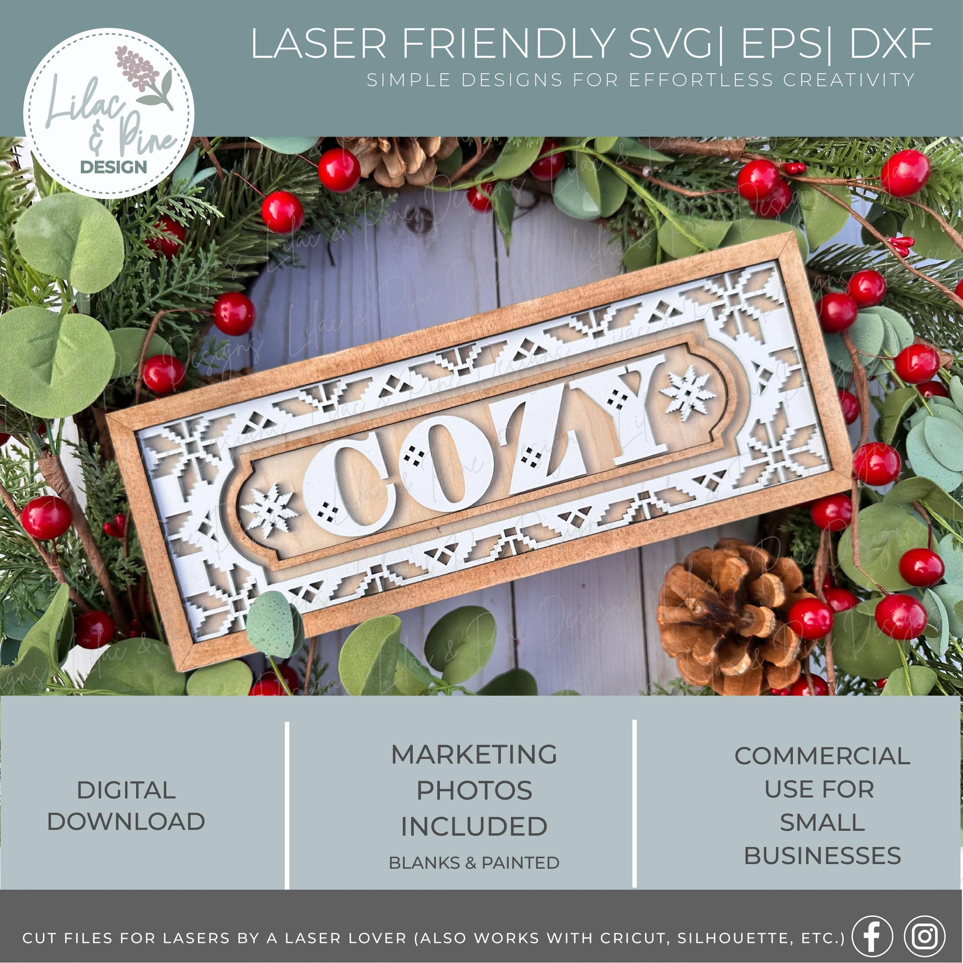 Cozy Winter sign SVG - Rectangular Nordic style design - Layered Christmas Laser cut file for: Glowforge, xTool, Lightburn
